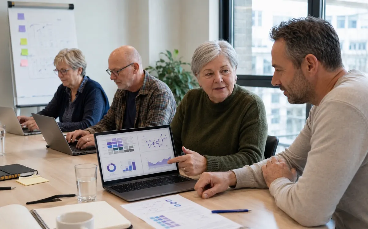 Vier cursisten werken samen op hun eigen laptop tijdens een AI-cursus, met een begeleider die meekijkt